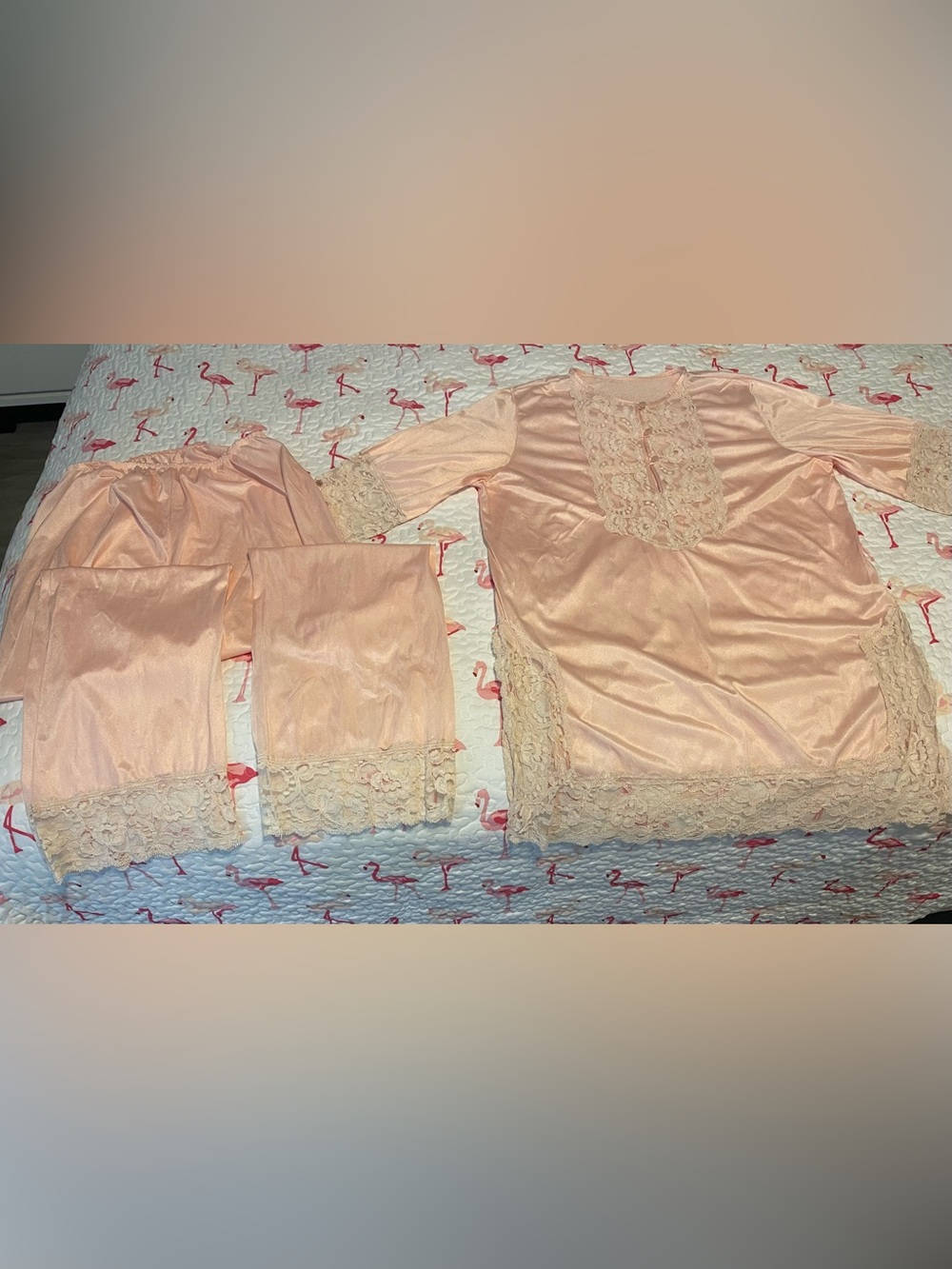 Lace Vintage Trim Satin Sleep Set - Blush Pink